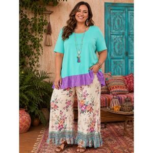 LOGO Lori Goldstein Womens XL Teal Green Purple Eyelet Ruffle Hem Tunic Top Boho